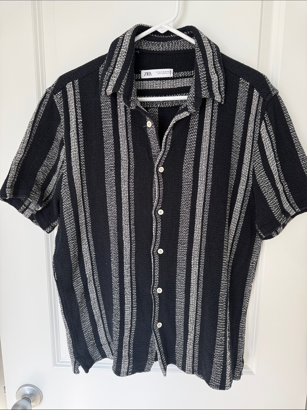 Zara Black and White Vertical Stripe Short Sleeve Button-Down Shirt